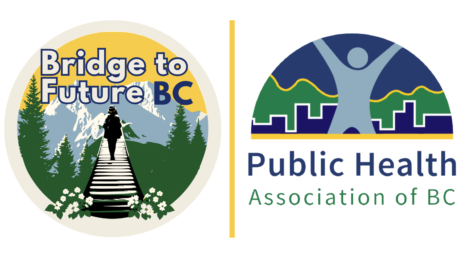 title Logo design featuring 'Bridge to Future BC' with a mountainous backdrop and a figure walking along a path, alongside the 'Public Health Association of BC' logo, emphasizing health and community.